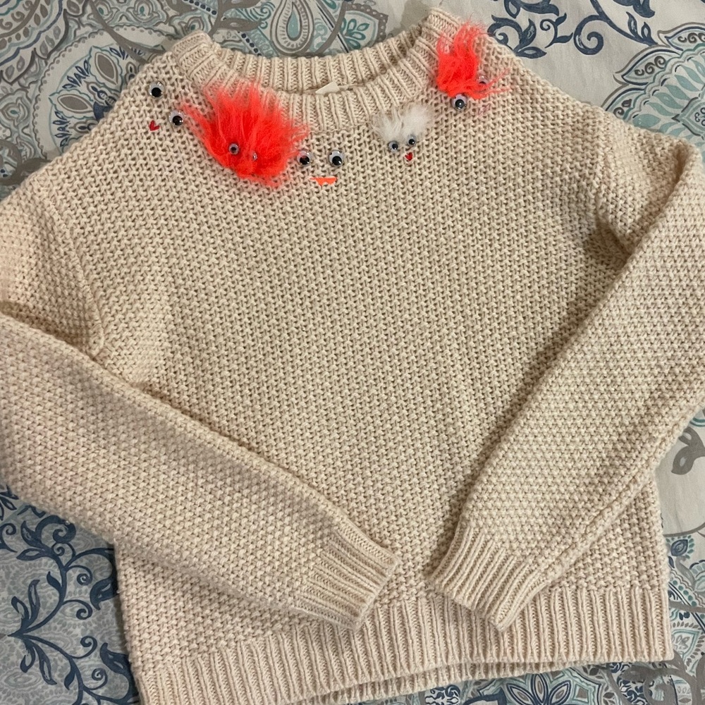 EUC Jcrew Crewcuts Girls Fuzzy Friends Ivory Sweater Size 10